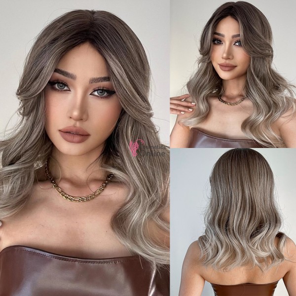 Peruca HM din par sintetic usor ondulata de 45 cm LC2501 Ombre Saten Inchis cu Blond Mediu Mixt